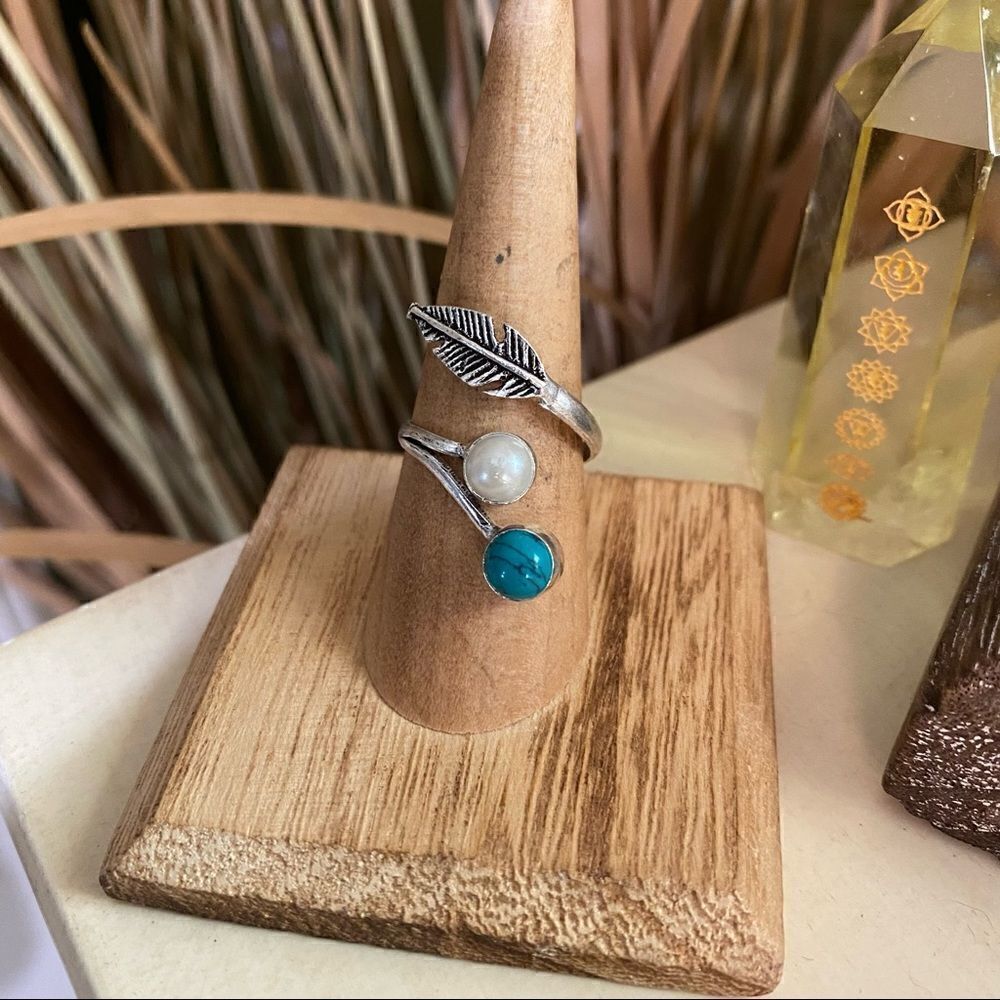 Boho Adjustable Pearl and Turquoise silver ring adjustable